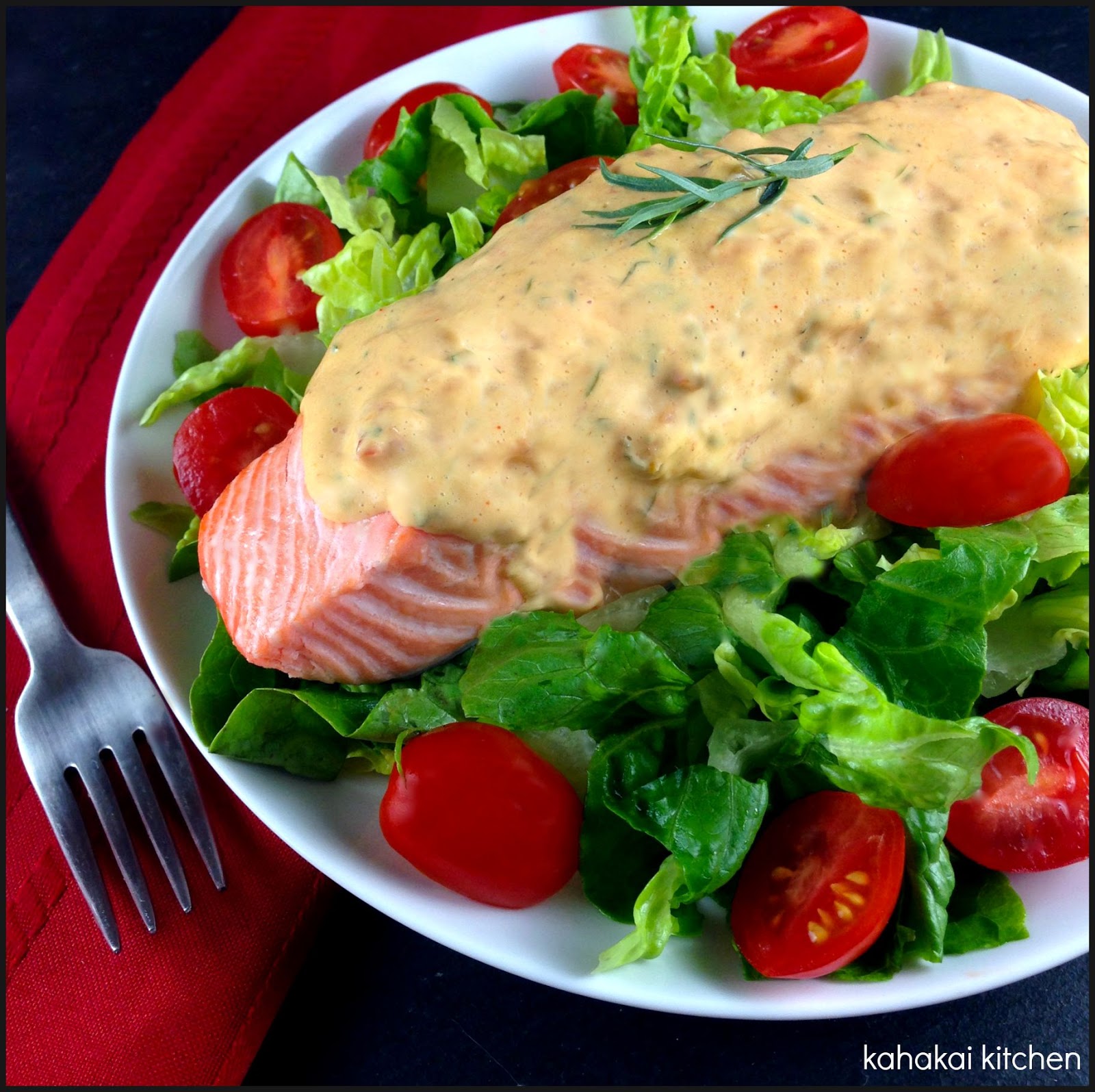 Kahakai Kitchen Poached Salmon with Tomato Béarnaise Sauce