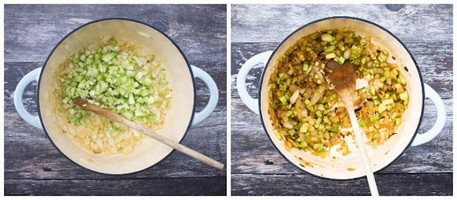 Making broccoli and pea soup - step 3 Making broccoli and pea soup - step 3 - broccoli stalks sauteed