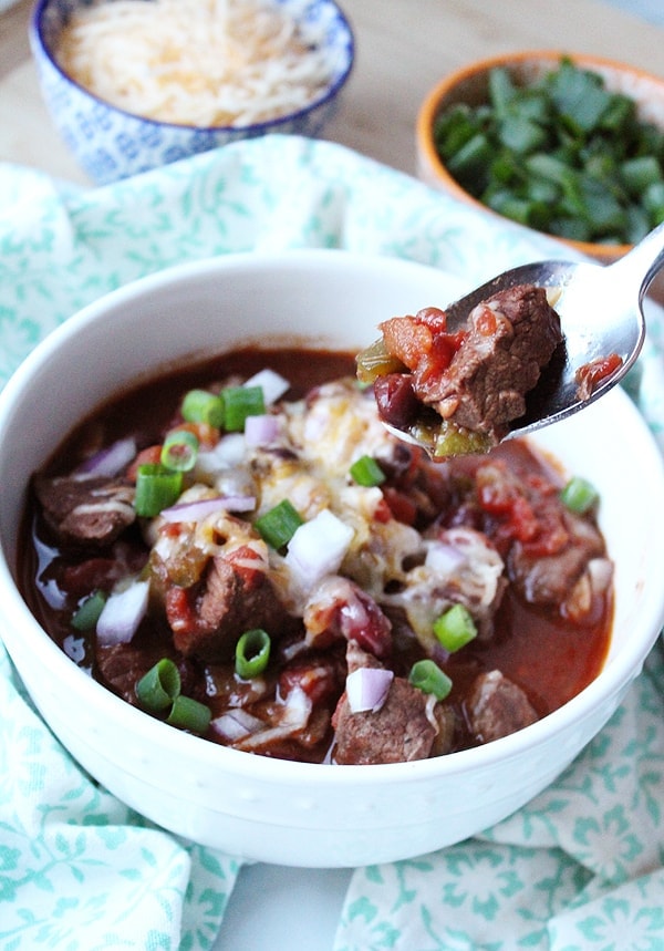Chili in Instant Pot with stew meat chunks