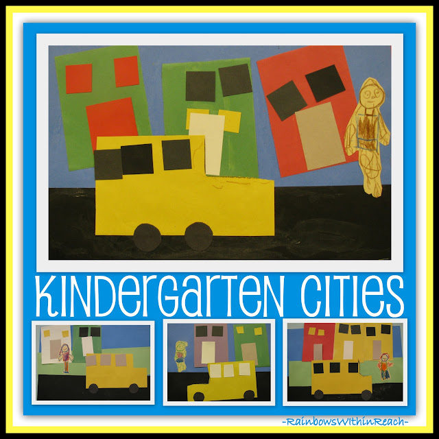  Kindergarten Art Project of School Buses in the City on PreK+K Sharing