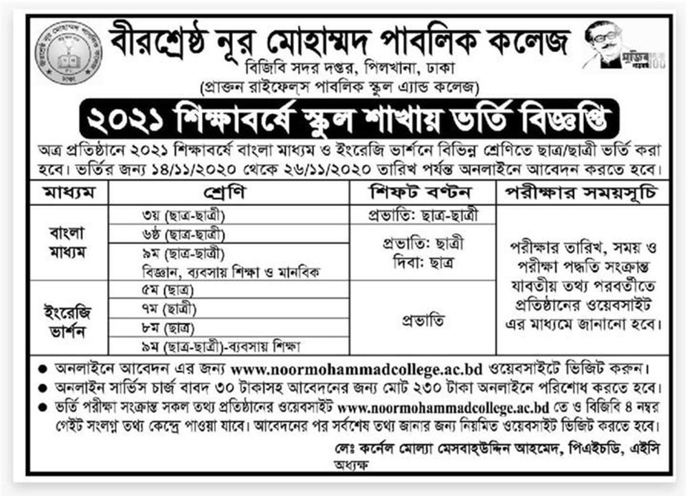 Bir Shreshtha Noor Mohammad Public College Admission Notice 2020
