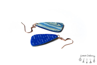 Boucles oreilles pâte polymère Silk Screen Moiko Mokume Gane Bleu Sahara Feuilles métallique bleues Cernit Fimo Stenna Création