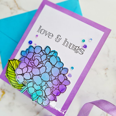 Ellen Hutson's Mondo Hydrangea stamp, ALCOHOL INKS WITH STAMPS AND HEAT EMBOSSING, Alcohol inks card, Simon says floral card, Floral card, Hydrangea card, Blue and purple card, Clean and simple card, Quillish, Video tutorial