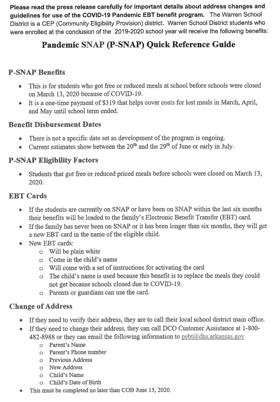 Schools Pandemic SNAP (PSNAP) Quick Reference Guide