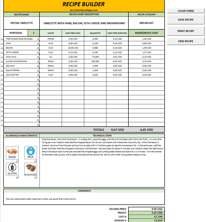 Recipe Builder Application built with MS Excel VBA Looking for Custom