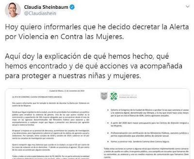 La Jefa de Gobierno Claudia Sheinbaum decreta alerta por violencia contra mujeres en la CDMX