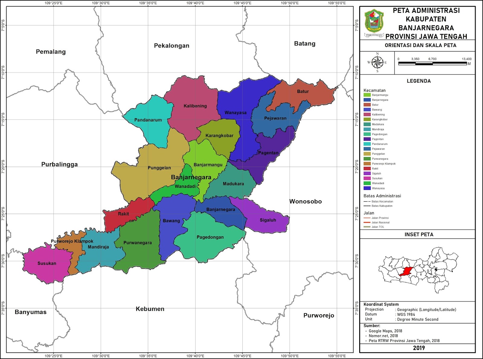 Peta Administrasi Kabupaten Banjarnegara Provinsi Jawa Tengah