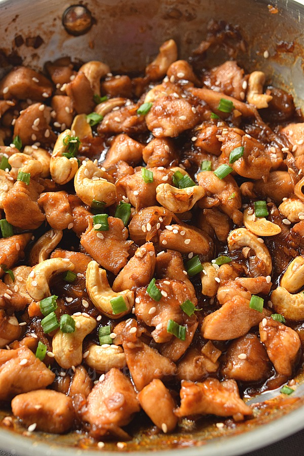 close look  of spicy cashew chicken in a pan