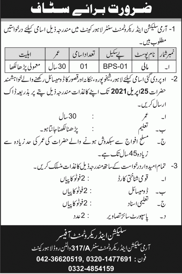Army Selection & Recruitment Jobs  in Lahore Cantt Pakistan 2021
