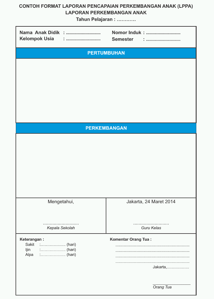 Contoh Laporan Perkembangan Anak (LPPA) PAUD TK KB TPA