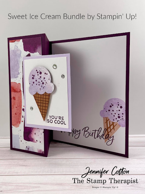 Sweet Ice Cream Bundle by Stampin' Up!.  I show how to make this Z Fold/Fun Fold card in my Facebook Live weekly video (link to same video on YouTube on the blog post).  #StampinUp #StampTherapist #SweetIceCream