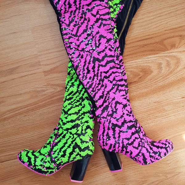 sequins boots in pink zebra and lime green zebra sequins