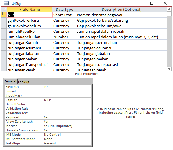Membuat Tabel Gaji Pegawai Access Terapan