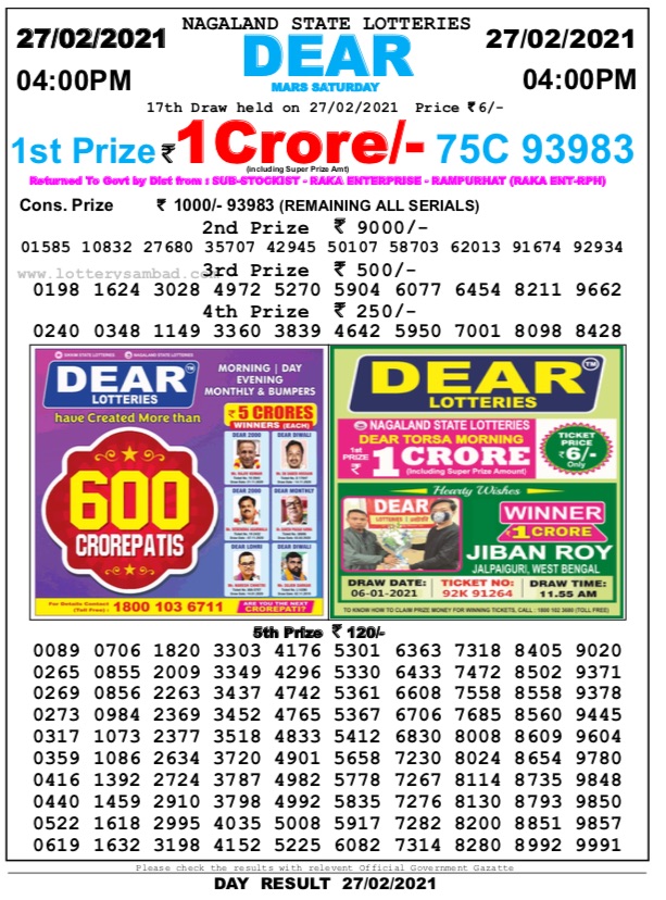 today nagaland state lottery result