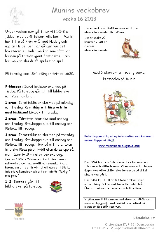 Muninsidan Veckobrev vecka 16