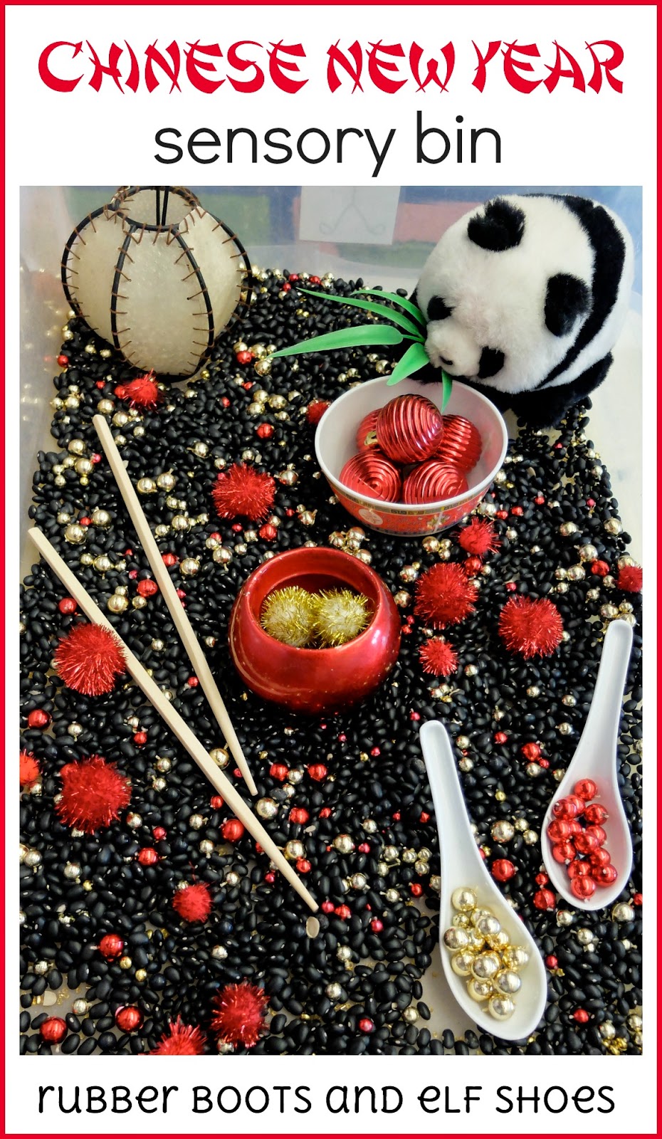 Lunar modificare disegnati gesso cinesi lunari Chinese New Year sensory bin - rubber boots and elf shoes