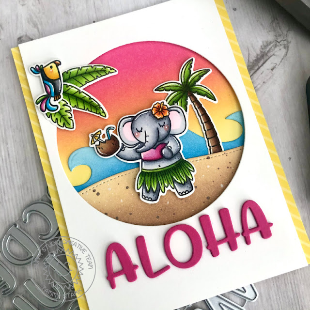 Sunny Studio Stamps: Chloe Alphabet Stamps Tiki Time Tropical Scenes Card by Tammy Stark