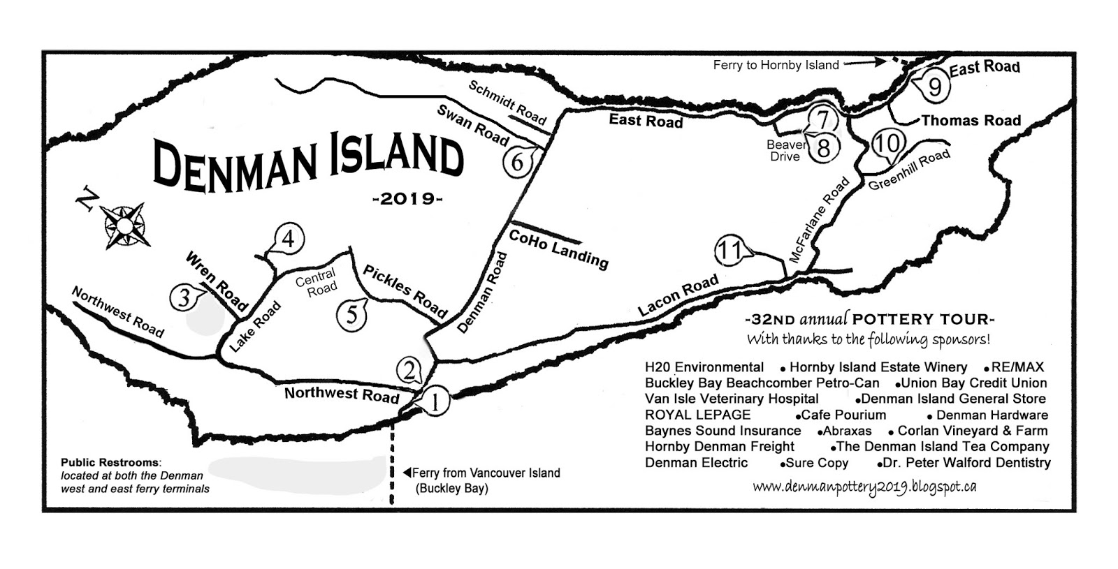 2019 Denman Island Pottery Studio Tour MAP, FERRY, FOOD, ETC.