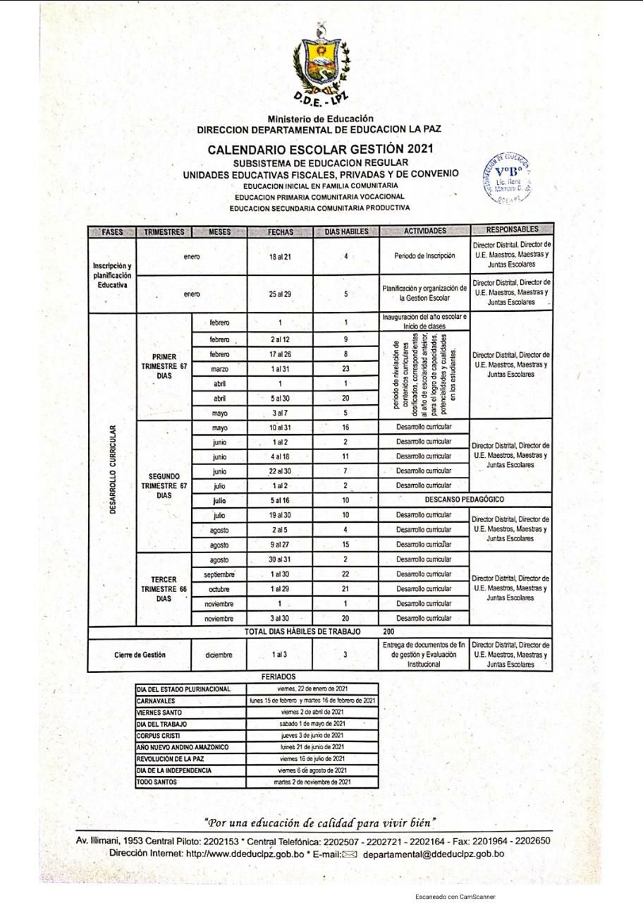 CALENDARIO ESCOLAR PARA LA GESTIÓN EDUCATIVA 2021 Profes de Bolivia
