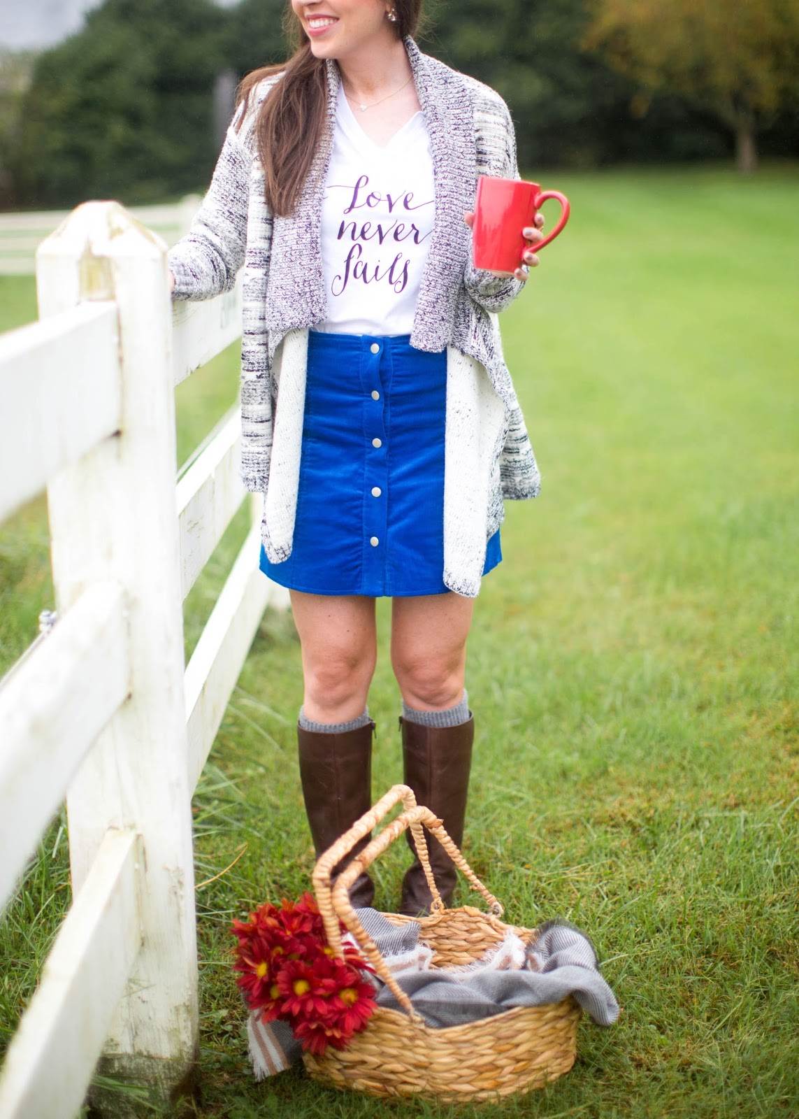 southern weddings photoshoot, fall picnic, riding boots, fearrington village, picnic basket outfit, love never fails tee, fall picnic, asos corduroy skirt, LOFT cardigan, southern fashion blogger, pretty in the pines, raleigh