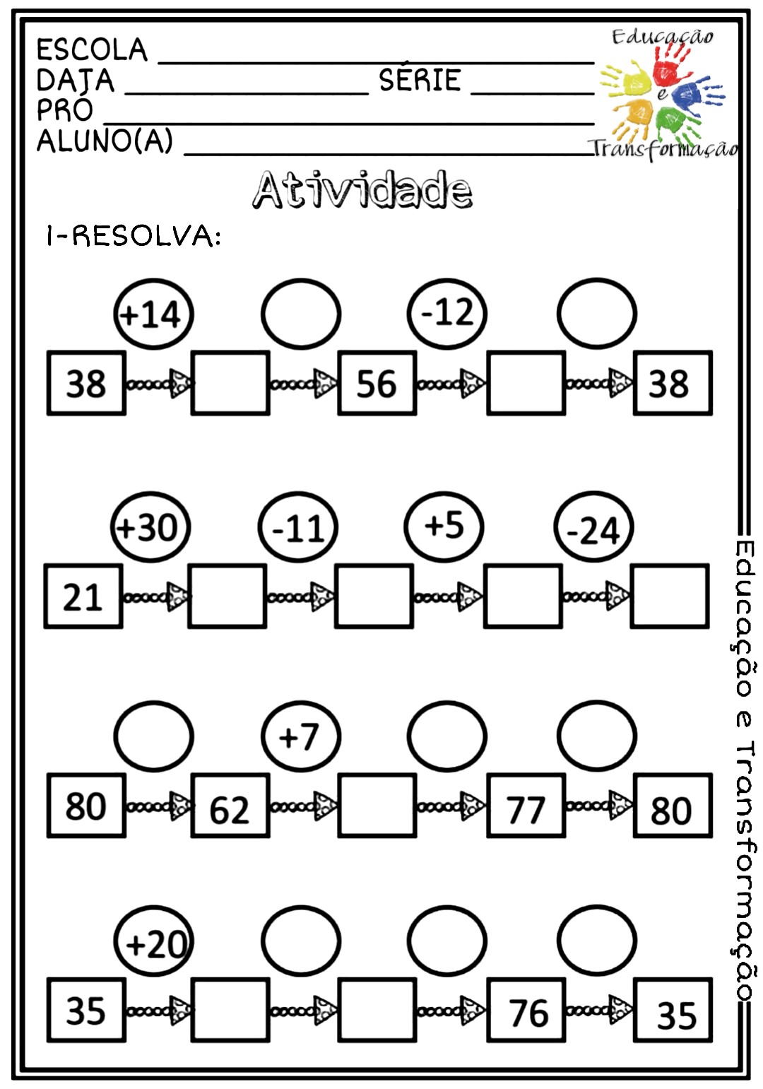 Trilha Matemática (adição e subtração) worksheet