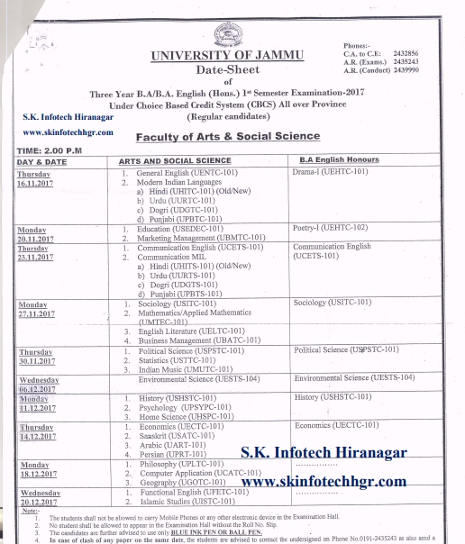 DATE SHEET OF B.A /B.A. ENGLISH (HONS.) 1ST SEM EXAM 2017 UNDER CBCS