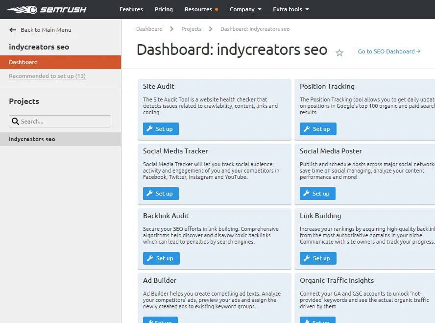 ตรวจสอบ indycreators.com ด้วย site audit too of SEMRush
