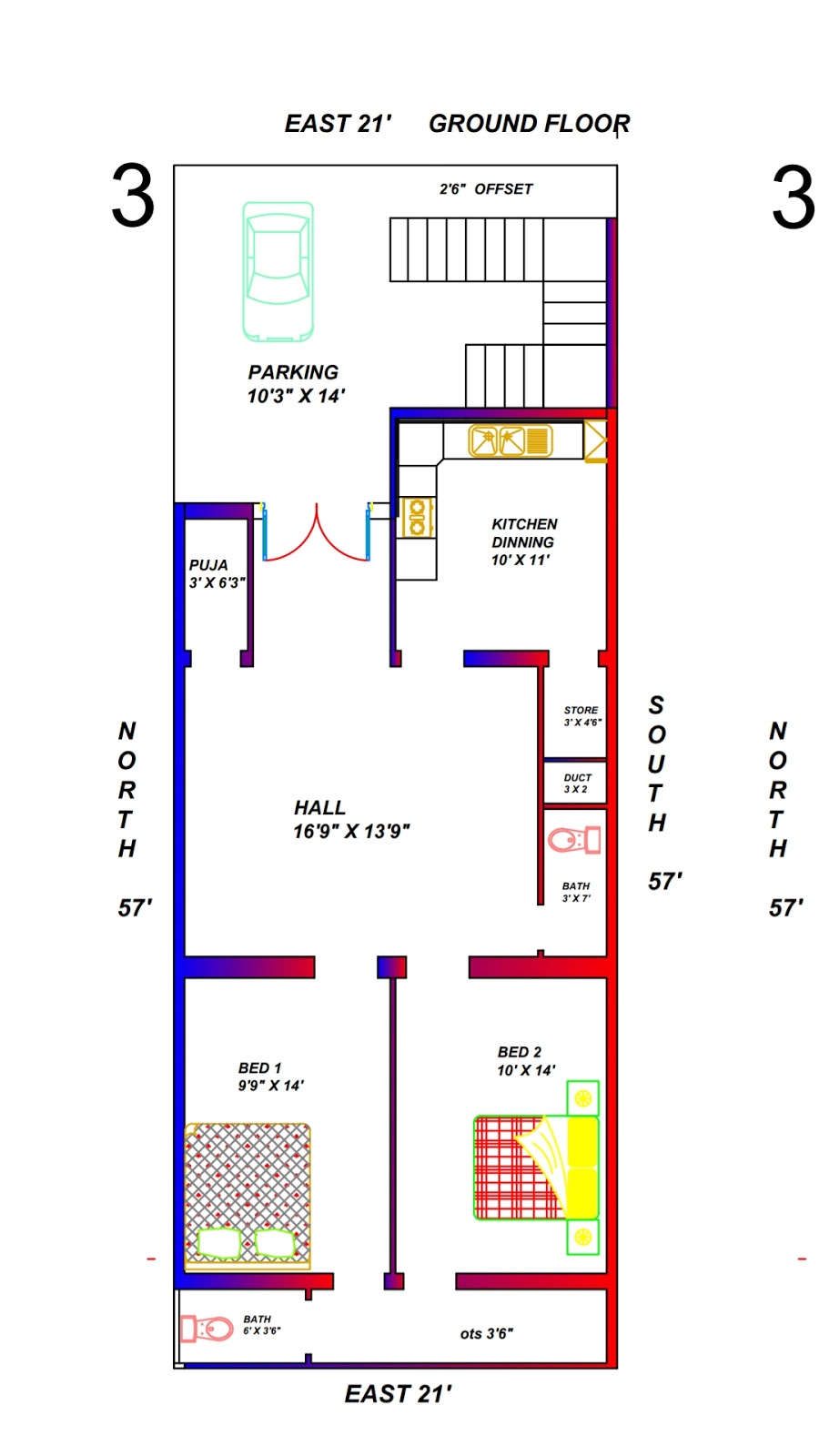 20 × 50 east face latest duplex house plan with front