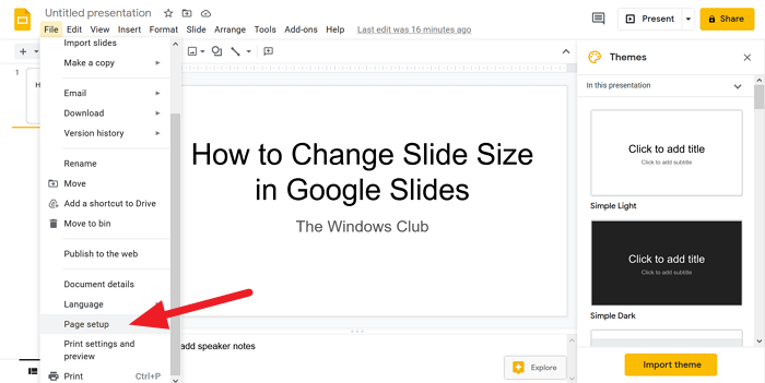 cambia la dimensione della diapositiva in Presentazioni Google