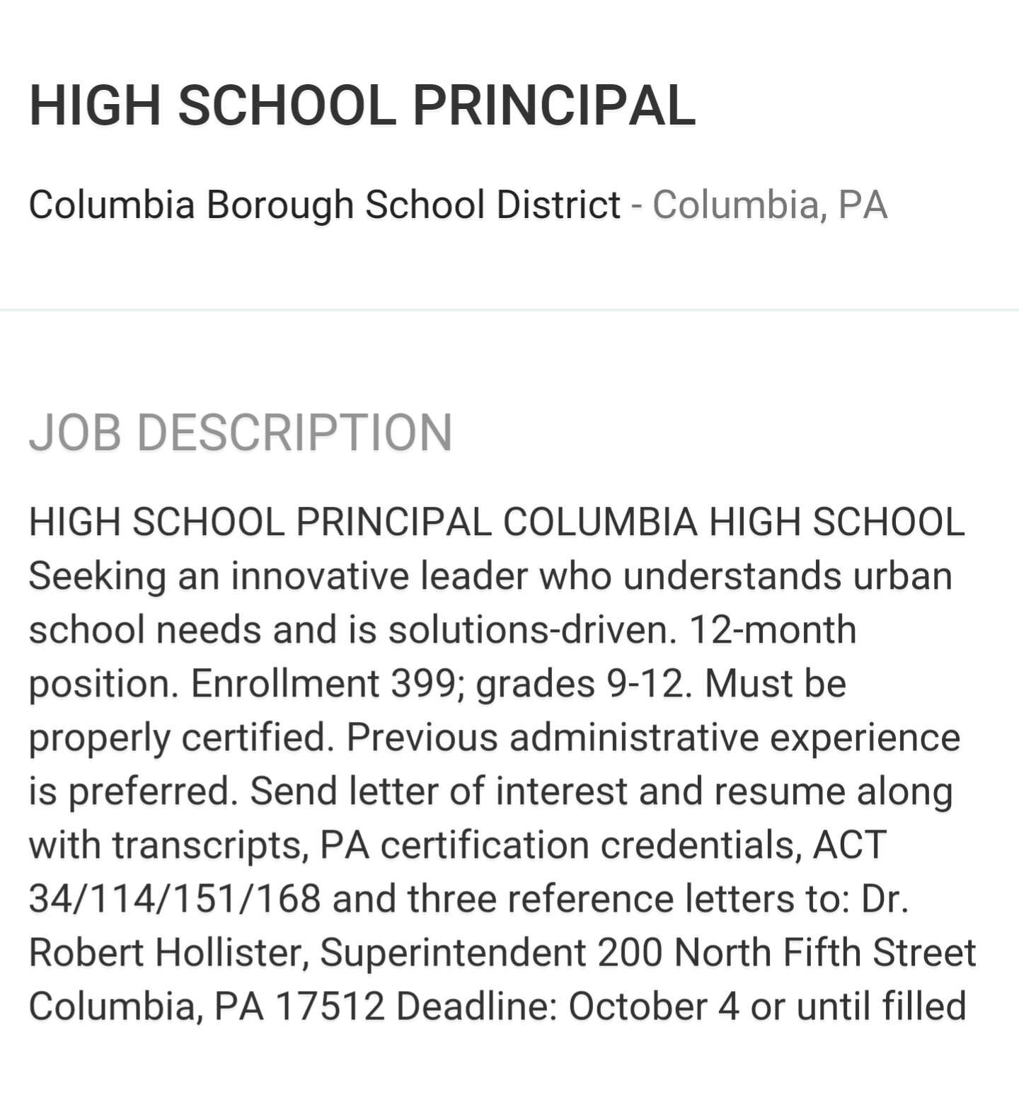 Columbia High School Principal sought Columbia Spy