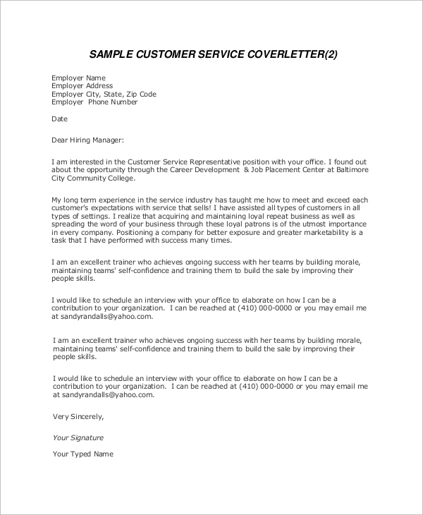 great cover letters for customer service position