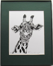 Giraffe Framed Matted Wildlife Art Print Pen Ink
