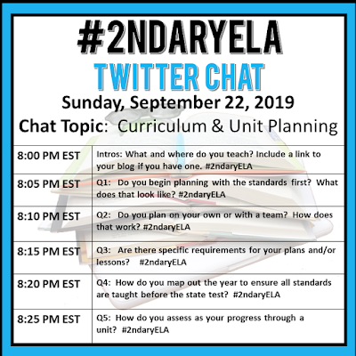 Join secondary English Language Arts teachers Sunday evenings at 8 pm EST on Twitter. This week's chat will be about curriculum and unit planning.