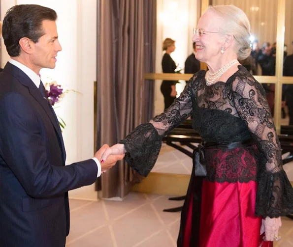 Queen Margrethe, Prince Henrik, Crown Prince Frederik, Crown Princess Mary, Prince Joachim, Princess Marie and Princess Benedikte attend an dinner hosted by President Enrique Pena Nieto and his wife Angelica Rivera of Mexico at Hotel DAngleterre