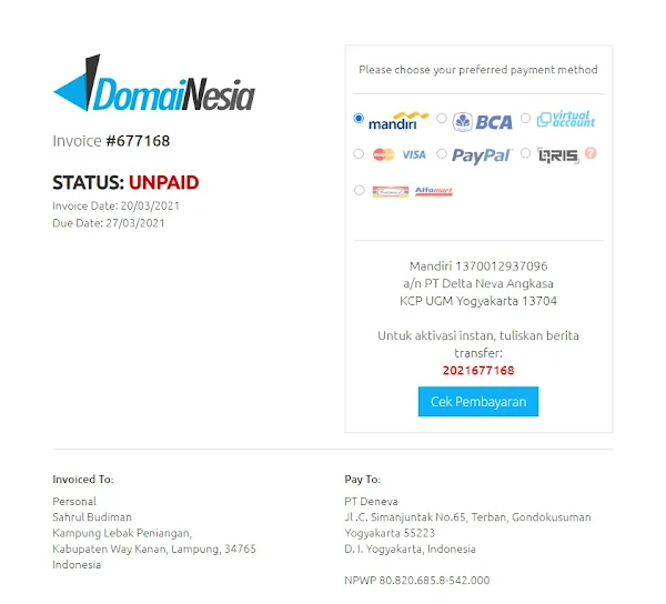 Cara Perpanjang Domain di Domainesia Mandiri Payment