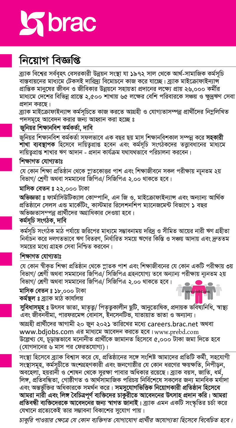 ব্র্যাক (BRAC) NGO তে জুনিয়র শিক্ষানবিশ কর্মকর্তা এবং কর্মসূচী সংগঠক পদে নিয়োগ বিজ্ঞপ্তি প্রকাশ 