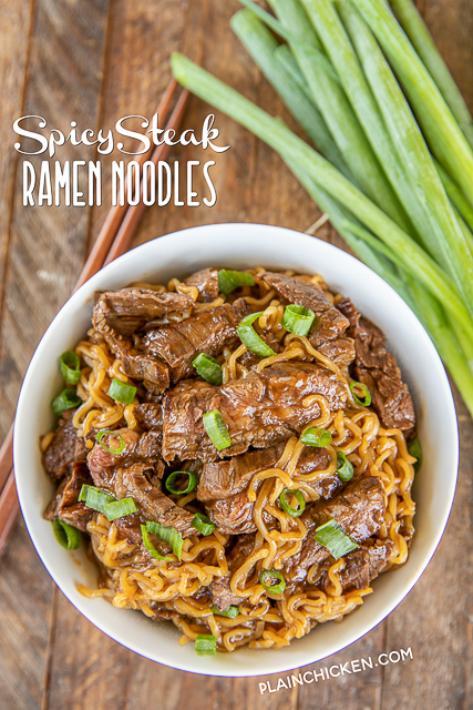Spicy Steak Ramen Noodles - ready to eat in under 15 minutes! Only 7 ingredients! Such a great weeknight meal!! Skirt steak, hot sauce, Worcestershire sauce, garlic, onion, vinegar, ramen noodles and green onions for garnish. Can add green beans, broccoli, mushrooms, or asparagus. This is a great way to use up leftover steak. We ate this twice in one week. Everyone LOVES this easy noodle bowl!! #steak #asian #ramen #noodles #recipe steak and ramen noodles in a bowl