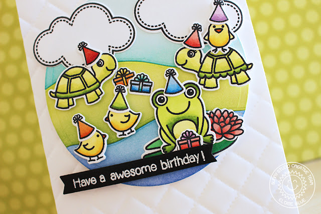 Sunny Studio Stamps: Turtley Awesome Turtle, Frog & Chick birthday card by Eloise Blue.