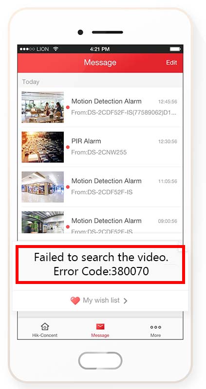 Failed to search the video. Error Code: 380070 (Hik-Connect error)