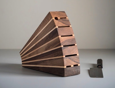 knife block in walnut, holding knives at a 45 degree angle