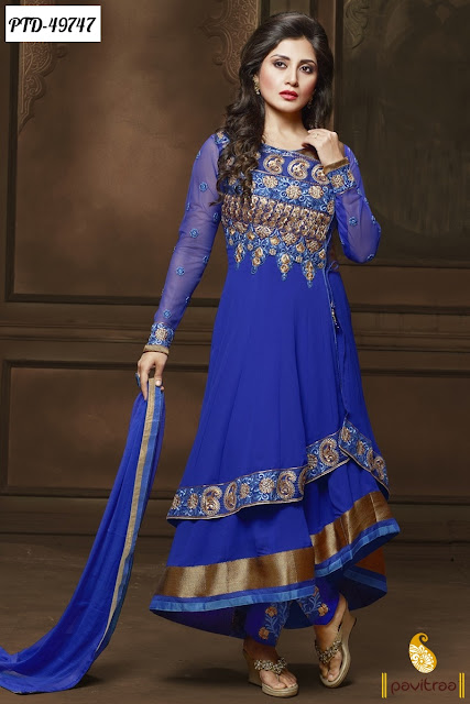 Bollywood actress Rimi Sen blue color chiffon anarkali salwar suit online shopping
