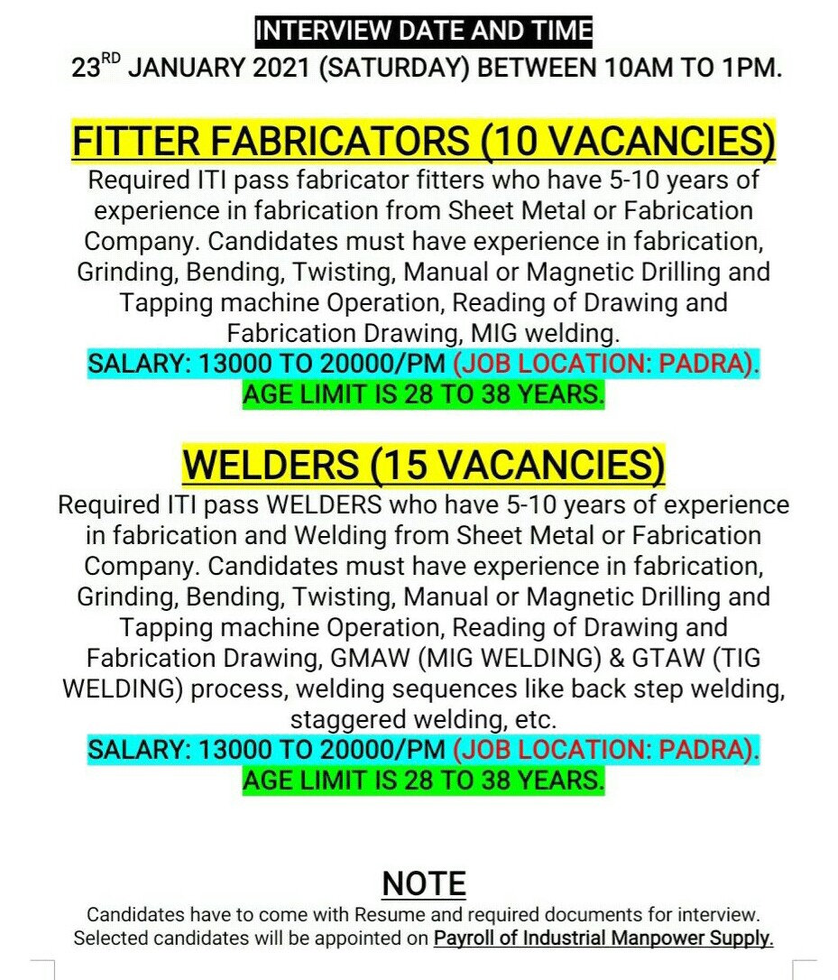 Job Vacancy For ITI Fitter And Welder Experienced Candidates in