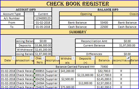 Check Book Register, Check Book Register Worksheet