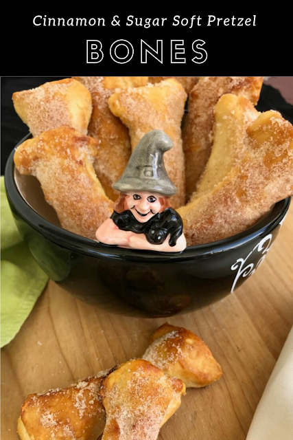 Soft pretzel bones in a witch bowl.