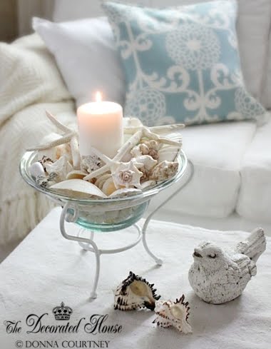 glass bowl with pillar candle and shells