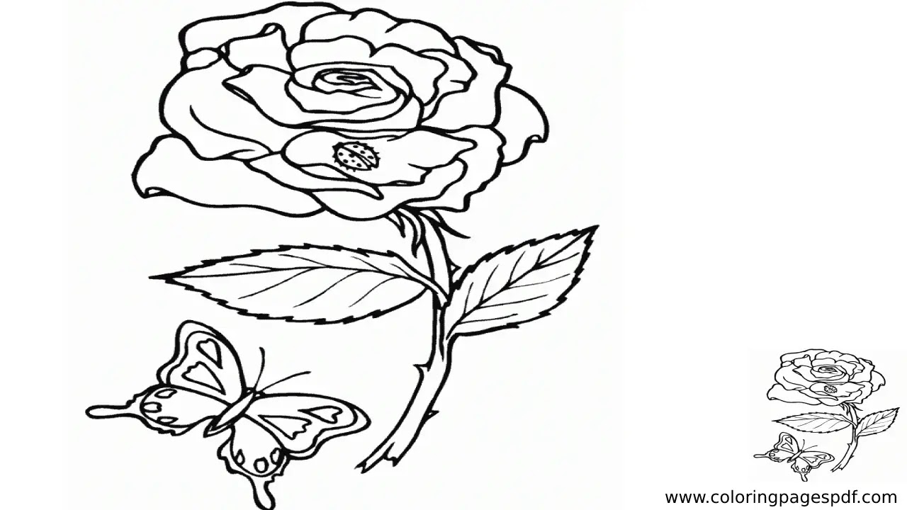 Coloring Page Of A Really Pretty Rose And A Butterfly