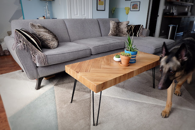 wood coffee table and new Joybird Hyland sectional