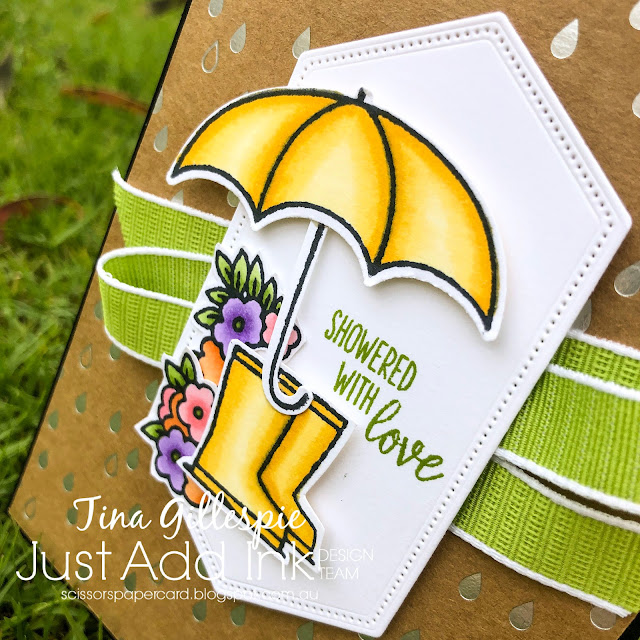 scissorspapercard, Stampin' Up!, Just Add Ink, Under My Umbrella, Shine On SDSP, Stampin' Blends, Stitched Nested Labels Dies