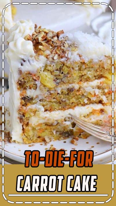 The BEST Carrot Cake you'll ever try! So easy to make and as an added bonus, there's no oil or butter! This To Die For Carrot Cake receives rave reviews for it's unbelievable moistness and flavor! I know this cake will quickly become a family favorite! // Mom On Timeout #carrot #cake #recipe #best #carrotcake #pineapple #applesauce #dessert #cakes #Easter #cake #recipe #baking #sweets #carrots #pecans #creamcheese #frosting #nooil #nobutter 