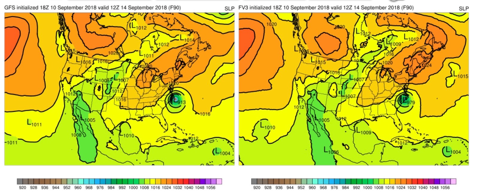 and the forecast two days later are stunningly difference the gfs has a very deep low 913 hpa hanging around on the coast but the fv 3 has weakened and and the forecast two days later are stunningly difference the gfs has a very deep low 913 hpa hanging around on the coast but the fv 3 has weakened and